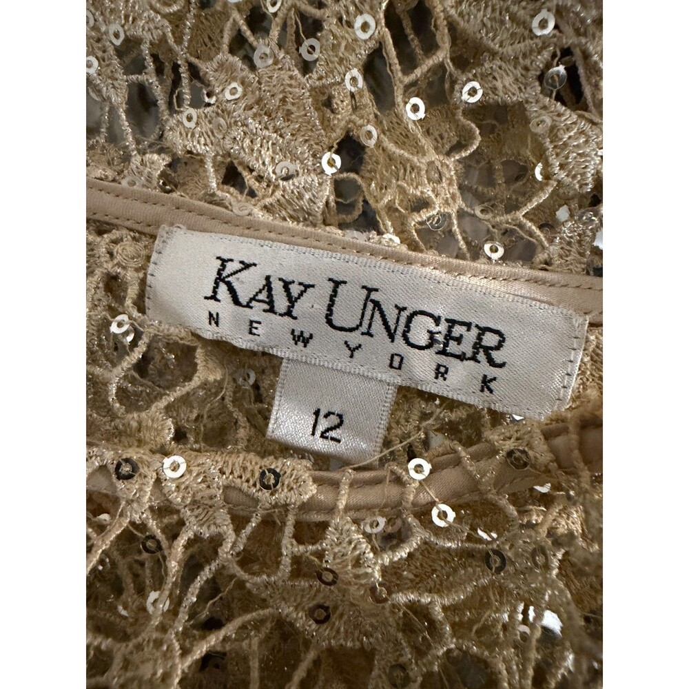 Kay Unger Gold Lace Sequin Sheer Overlay Dress 3/4 Sleeve Cocktail Formal - Picture 8 of 9
